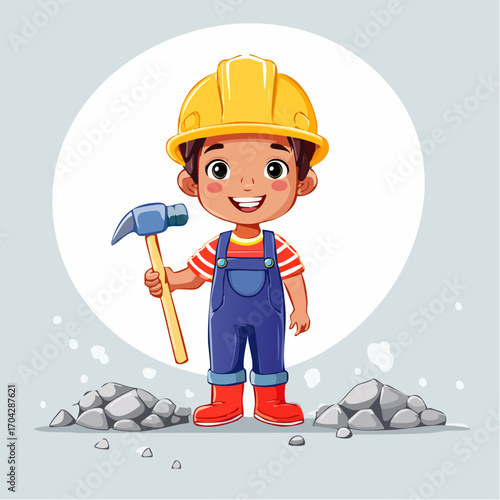 Adorable cartoon child dressed as a builder, a cute little construction worker character with a yellow hard hat and hammer
