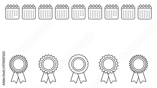 Row of calendar icons above a row of award ribbon icons in a black and white outline illustration