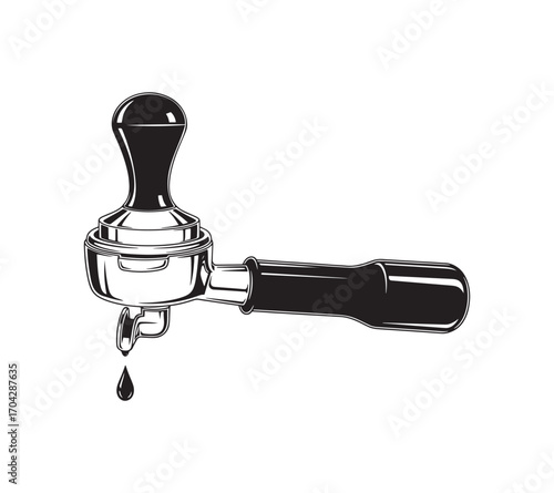 Coffee portafilter with tamper and coffee drip creating delicious crema for your morning brew