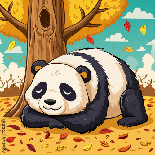 Adorable cartoon panda peacefully napping under a vibrant autumn tree, surrounded by colorful fallen leaves, showcasing the tranquility of nature
