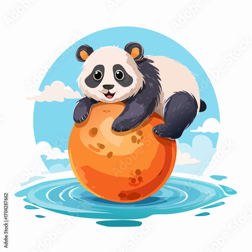 Chubby panda bear playfully sits on a glowing orange ball floating in the water