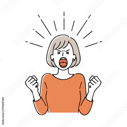 Woman shouting with fists clenched in anger and rage Keywords: anger, rage, shouting, fury