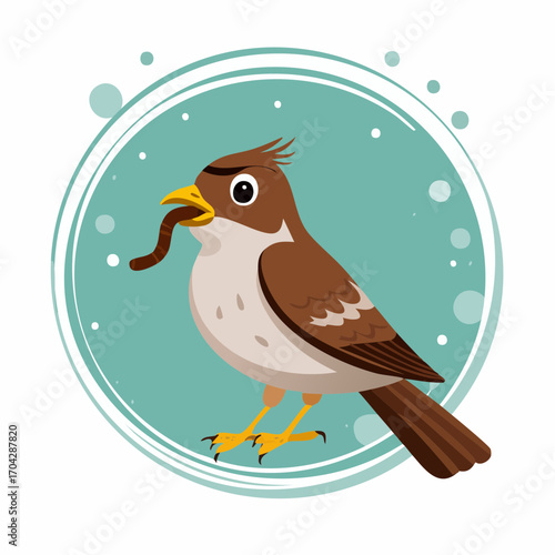 A cheerful cartoon bird, possibly a sparrow or finch, proudly holds a wriggling earthworm in its beak, symbolizing an early start