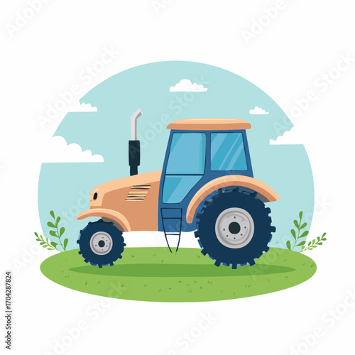 Vibrant cartoon illustration of a modern farm tractor driving through a green field under a bright blue sky, symbolizing agricultural development and rural work concept