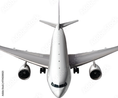 Overhead View of a White Commercial Airplane with Landing Gear Deployed on a White Background