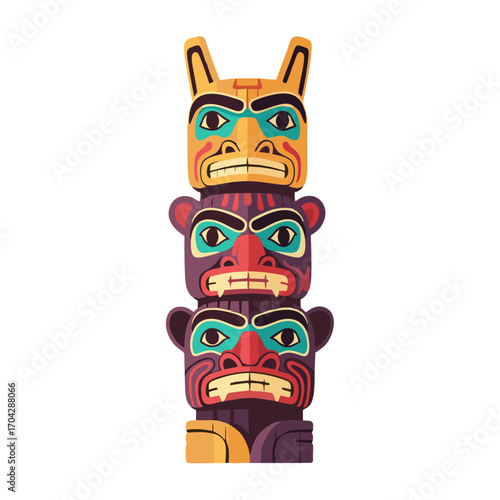Colorful Carved Totem Pole with Animal Faces and Intricate Details.