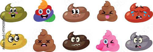 Sad Cartoon Poop Emoji with Worried Expression Vector Illustration on Transparent Background 