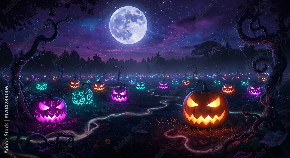 Fototapeta premium Magical Halloween night with glowing jack-o'-lanterns under a full moon and starry sky