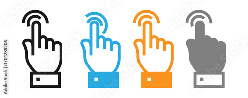 Modern, flat design icons depicting a hand touching a touchscreen in four different colors: black, blue, orange, and gray.
