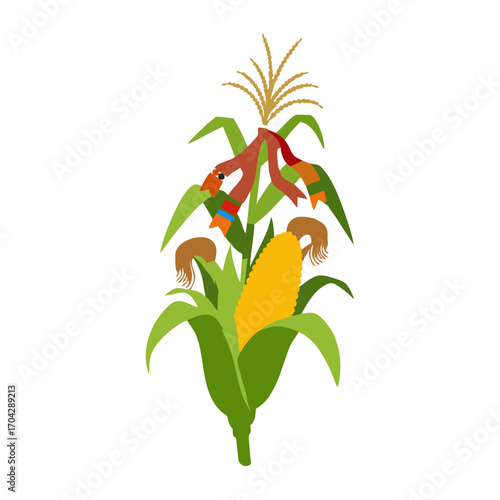Colorful Corn Plant with Parrots, Decorative Illustration.