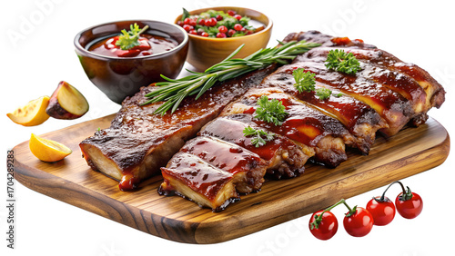 Grilled ribs with barbecue sauce, cherry tomatoes, herbs, and lemon wedges on a wooden board, perfect for a summer barbecue or family gathering isolated on transparent background