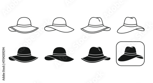 Vector art of collection of summer hats in various styles, showcasing both outline and silhouette versions, perfect for fashion or design projects