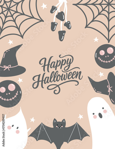 Poster, flyer, postcard with cute ghosts, holiday attributes and the lettering Happy Halloween for an autumn party. Vector illustration on a beige background with ghosts, cobwebs, witch hat, bat