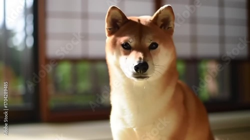 Calm shiba inu dog indoors