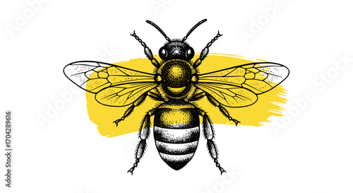 Black and white engraving sketch of bee on yellow brush stroke, isolated on white background, vintage etching vector illustration for design, trendy nature and ecology concept