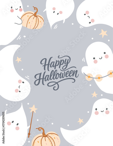 Poster, flyer, card with cute little ghosts and lettering Happy Halloween for autumn party. Vector illustration with funny ghosts, pumpkins, stars and magic wand in pastel colors. Design for kids