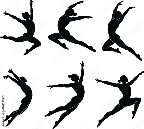 Ballet dancer silhouette vector set of female performers leaping and jumping in elegant poses for dance, fitness, or art.