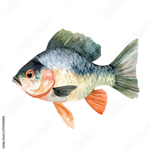 Watercolor Illustration of a Colorful Fish with Detailed Fins and Scales