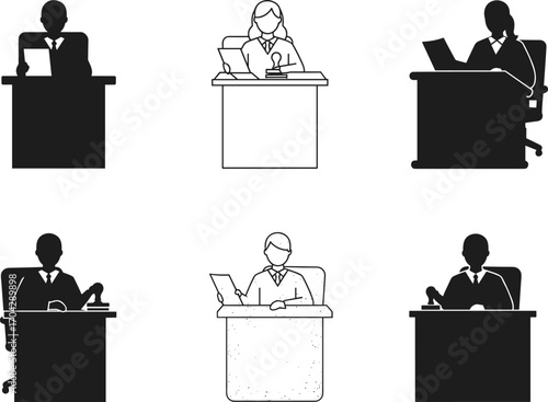 Business Professionals Working at Desks, Office Employees with Documents and Laptops, Silhouette and Line Style Vector Illustration