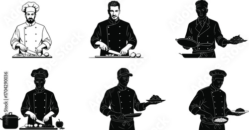 Chef cooking vector set with professional chefs slicing vegetables, preparing meals, and serving dishes in kitchen uniform and hat.