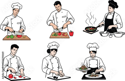Chef illustration vector set showing male and female cooks cutting vegetables, cooking, and plating gourmet dishes in professional kitchen.