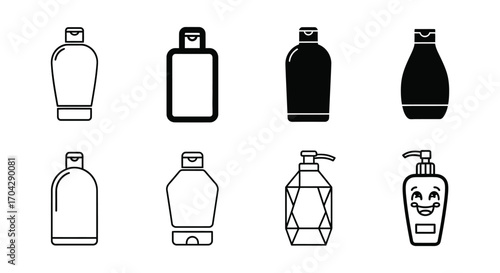 Vector art of collection of shampoo bottle icons set of different types of bottles for hair care, body wash, and liquid soap