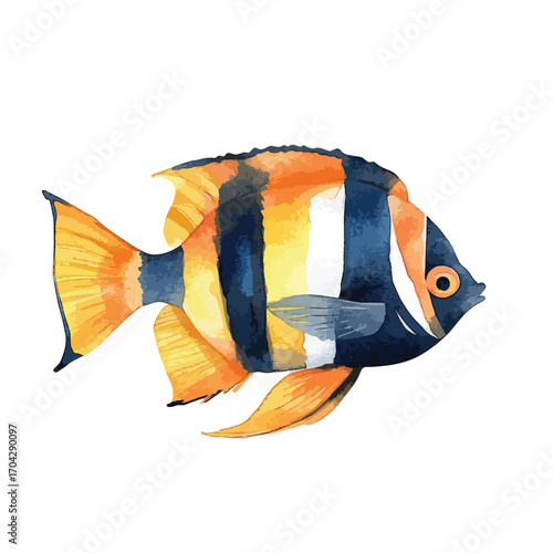 Watercolor Illustration of a Colorful Striped Fish with Orange and Blue Hues
