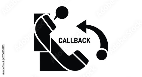 Vector art of callback icon representing customer service, support, and communication with a phone receiver and arrow in black and white