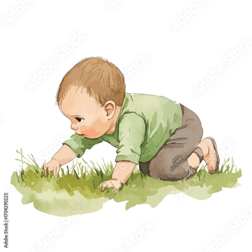 Watercolor Illustration of a Curious Baby Exploring Green Grass Outdoors