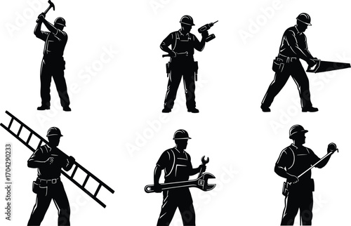 Construction worker silhouette vector set with tools like hammer, drill, saw, wrench, ladder, and tape measure in action.