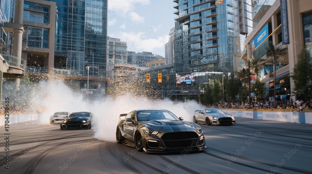 Obraz premium Groups of racers perform burnouts in a vacant lot with rubber smoking crowds circling cameras recording and sparks flying from undercarriages captured in a explosive photo with