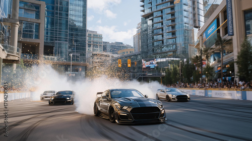 Groups of racers perform burnouts in a vacant lot with rubber smoking crowds circling cameras recording and sparks flying from undercarriages captured in a explosive photo with