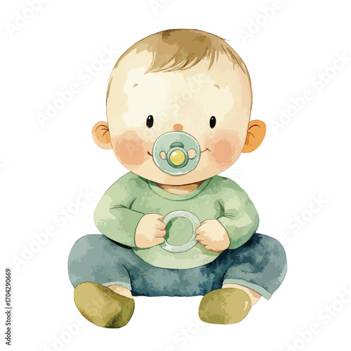 Watercolor Illustration of a Cute Baby with Pacifier and Ring Toy