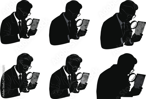 Detective Man Examining Fingerprint with Magnifying Glass – Black and White Silhouette Vector Illustration for Investigation and Crime Concepts