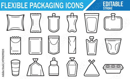 Vector line art icons of flexible packaging for snacks, coffee, and beverages