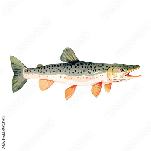 Watercolor Illustration of a Detailed Fish with Spotted Body and Orange Fins (1)