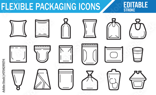 Product packaging icons set featuring plastic, sachet, and stand-up pouches
