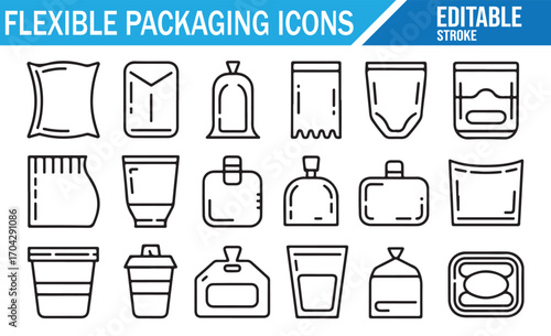 Editable line style icons of food packets, bottles, and pouch containers