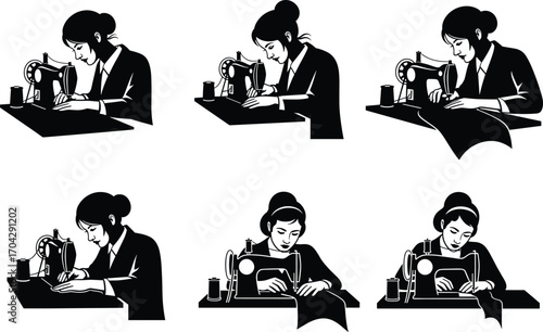 Female Tailors Using Sewing Machines in Vintage Style Vector Illustration for Textile, Fashion, Tailoring, Craftsmanship, and Garment Industry