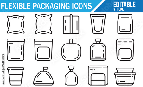 Vector outline icons of sachets, pouches, bottles, and commercial packaging
