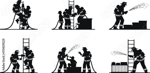 Firefighter rescue and emergency response vector set showing firemen using hose, ladder, saving lives, spraying water and helping people.