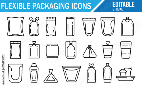 Editable stroke flexible packaging icons set for retail and product design