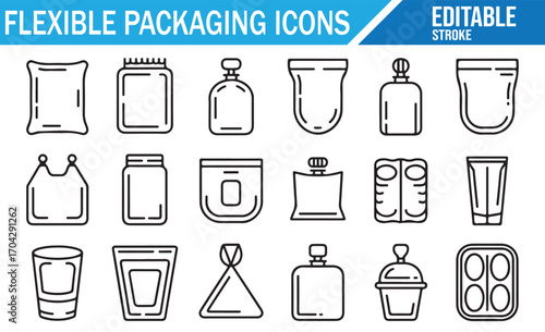 Set of flexible packaging icons in editable stroke style, including pouches, sachets, bottles, bags, containers, wrappers, and food packaging illustrations for retail, product, and commercial design u