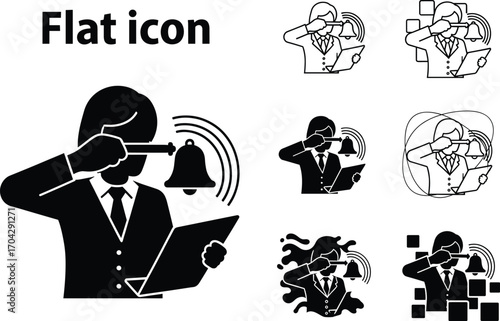 Flat icon of businessperson overwhelmed by notifications, alerts, work stress, and digital overload while holding tablet and ringing bell.