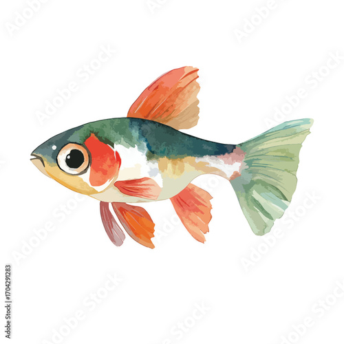 Watercolor Illustration of a Fantail Goldfish with Orange and Green Fins