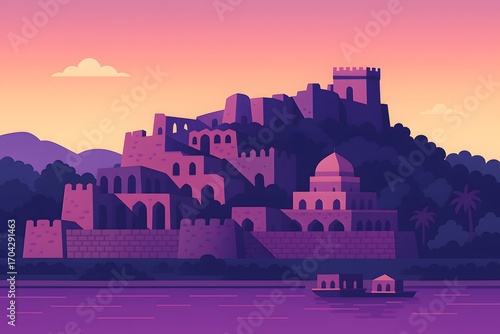 Flat vector illustration of the majestic Golconda Fort in Hyderabad, showing its historic ruined walls, stepped architecture, and a panoramic view of the city.