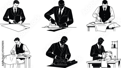 Male Tailors Working Professionally with Tools and Fabrics, Sewing, Ironing, Cutting Clothes in Vintage Style Vector Illustration Set