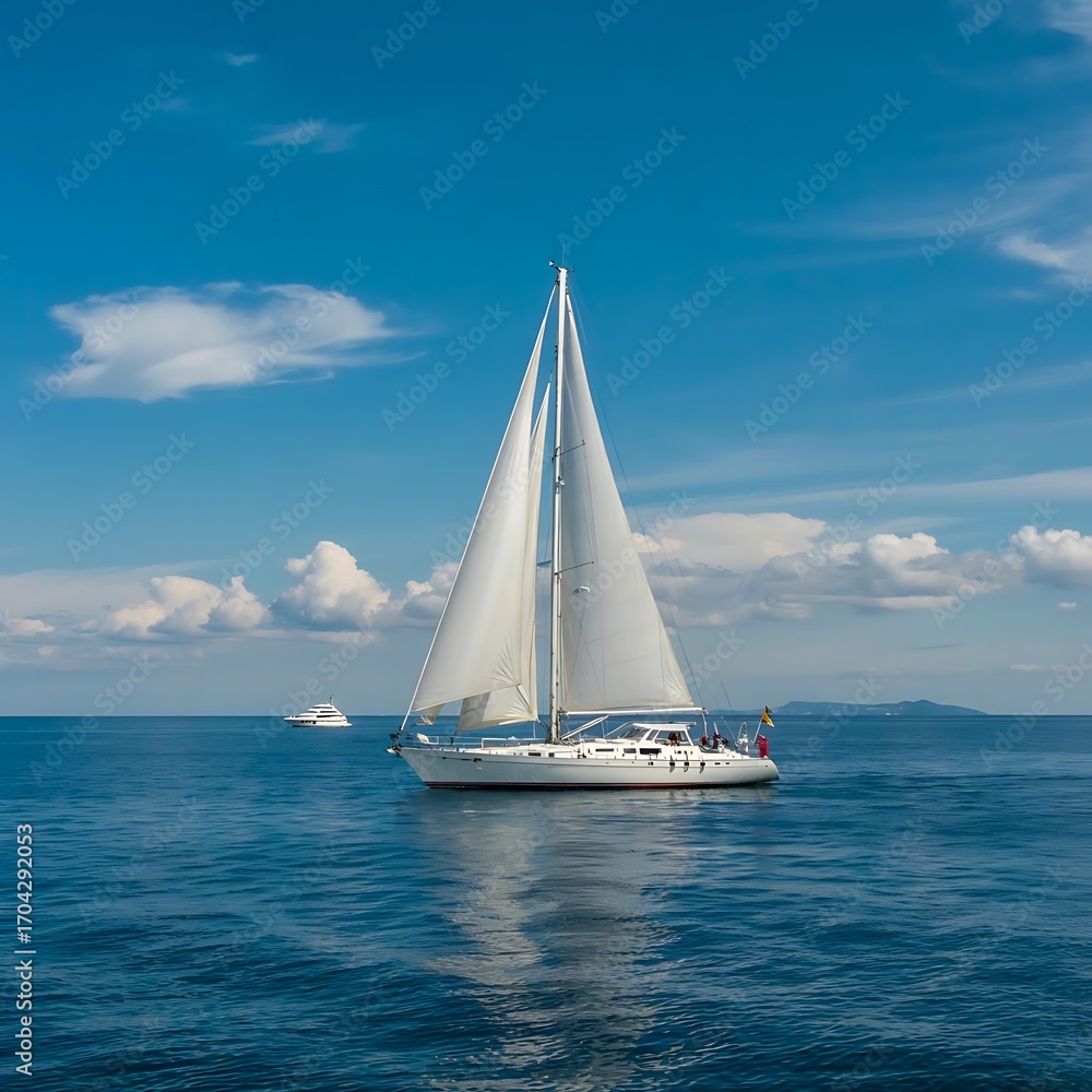 Obraz premium White Sailboat with Billowing Sails on Calm Azure Sea, Clear Blue Sky, Sunlight Reflections, and Peaceful Ocean Horizon