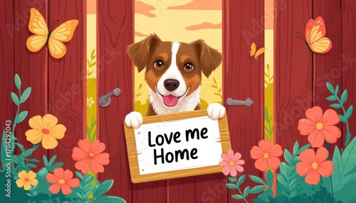A happy dog with a sign that reads 'Love me Home' stands at an open wooden gate surrounded by colorful flowers and butterflies in a sunny garden.