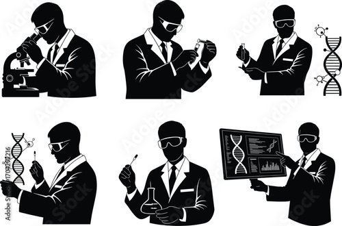 Scientist silhouette working with DNA research, lab equipment, and biotechnology tools, genetic engineering vector illustration for medical science content